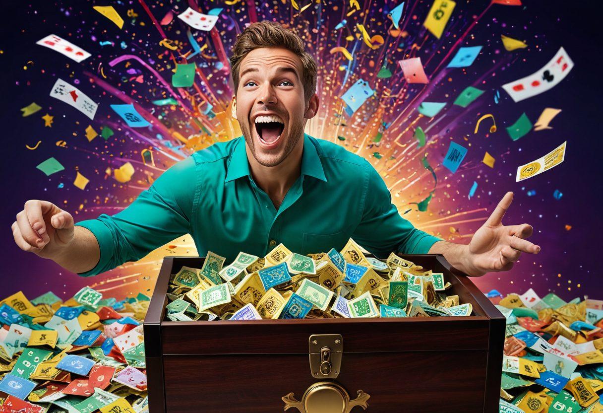 A captivating scene featuring an excited individual surrounded by colorful lottery tickets and sweepstakes forms, with a bright, glowing key unlocking a treasure chest filled with gold coins and confetti. The background should depict a dynamic, digital landscape with playful elements representing luck and fortune, like four-leaf clovers and vibrant stars. super-realistic. vibrant colors. 3D.