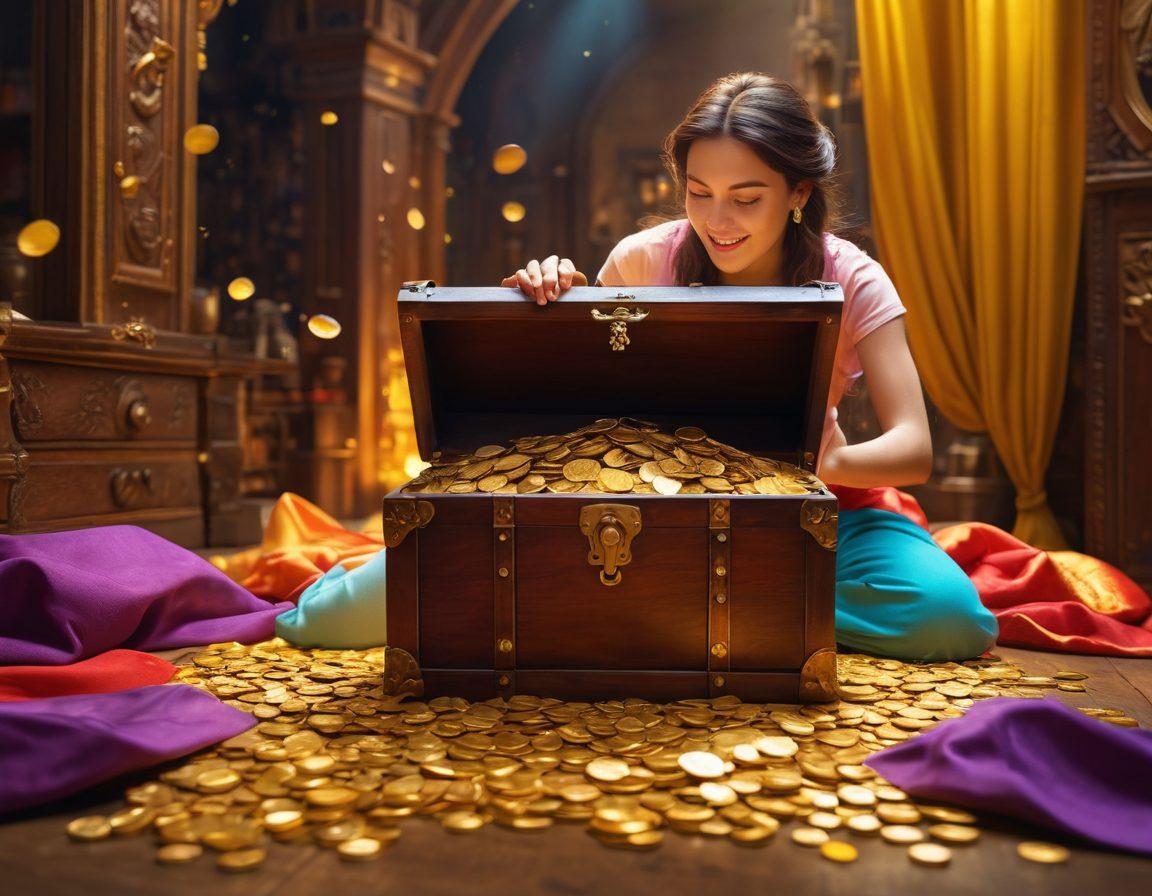 A visually captivating scene featuring a person joyfully unlocking a treasure chest overflowing with gold coins and vibrant rewards, symbolizing online promotions. The background showcases a digital world with colorful banners and enticing offers, suggesting the excitement of maximizing rewards. The atmosphere is filled with light, energy, and positivity, inspiring viewers to unlock their winning potential. super-realistic. vibrant colors. dynamic composition.