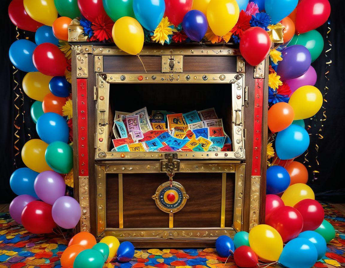 An intricately designed treasure chest overflowing with colorful contest tickets, sparkling with golden coins and vibrant giveaways. In the background, a playful carnival atmosphere with balloons, streamers, and excited participants entering a giant spinning wheel of fortune. The scene radiates fun and excitement, inviting readers to explore the world of contests and giveaways. surrealistic. vibrant colors. lively ambiance.